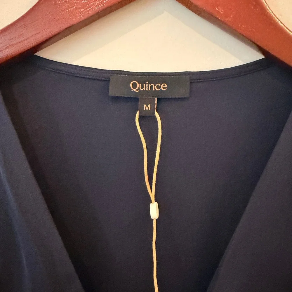 Quince Washable Stretch Silk Surplice Bodysuit Wrap Front Long Sleeve Date Navy